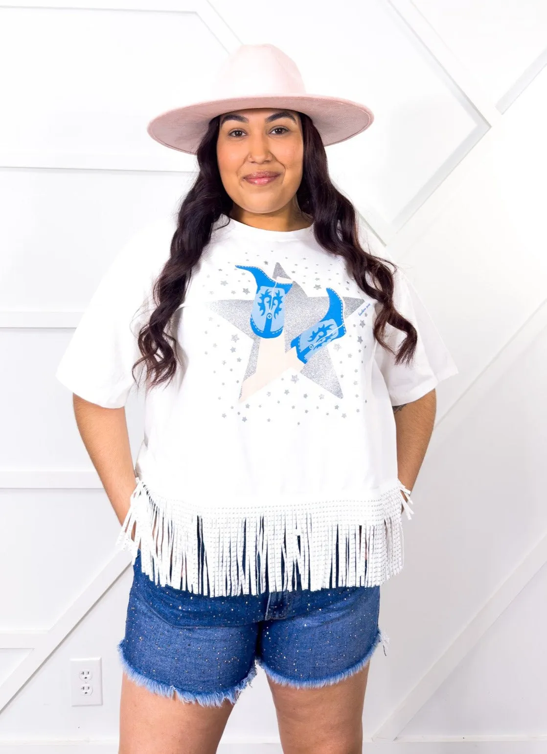 Glitter Stars on  Studded Fringe Crop Top, White