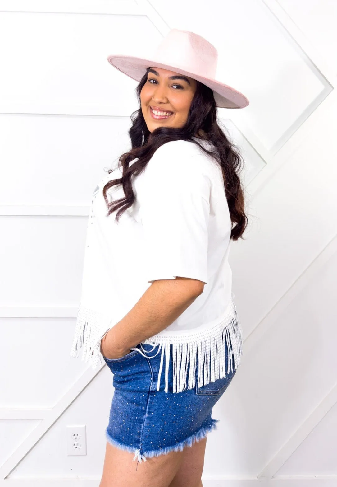 Glitter Stars on  Studded Fringe Crop Top, White