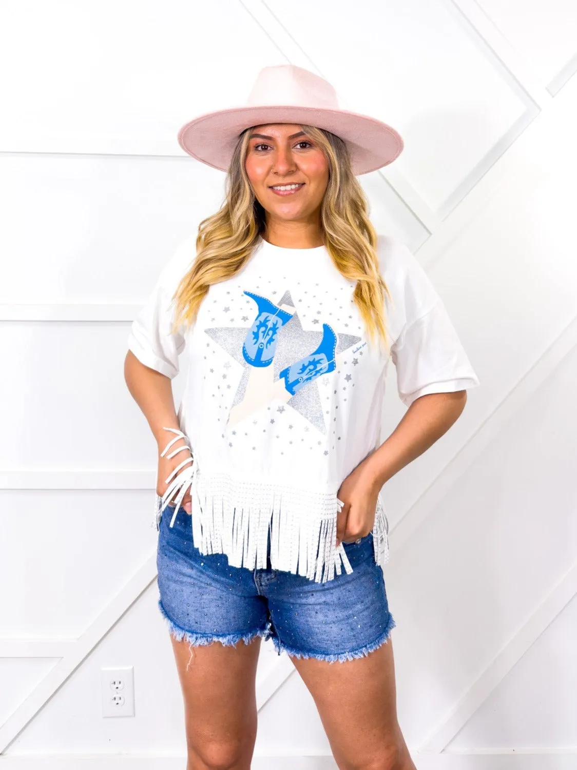 Glitter Stars on  Studded Fringe Crop Top, White