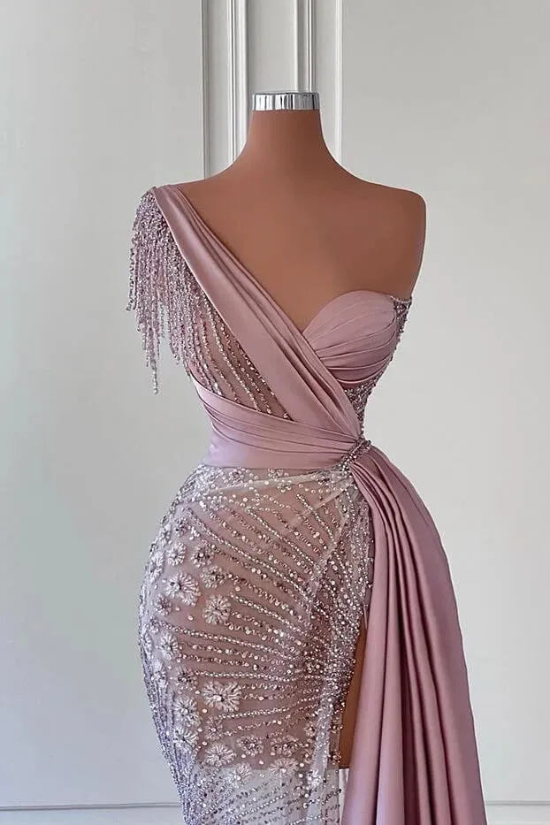 Gorgeous Long Mermaid One Shoulder Beading Sleeveless Prom Dress With Lace
