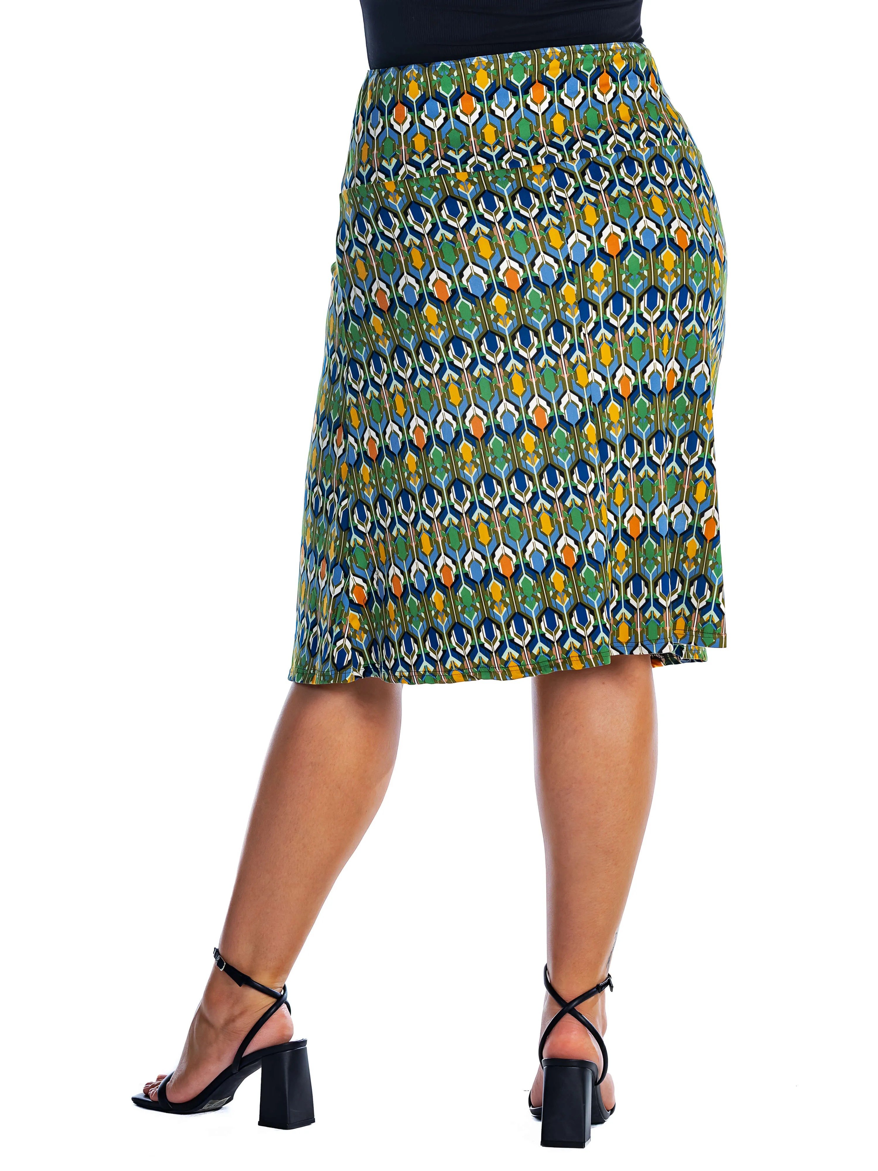 Green Geometric Elastic Waist Knee Length Plus Size Skirt