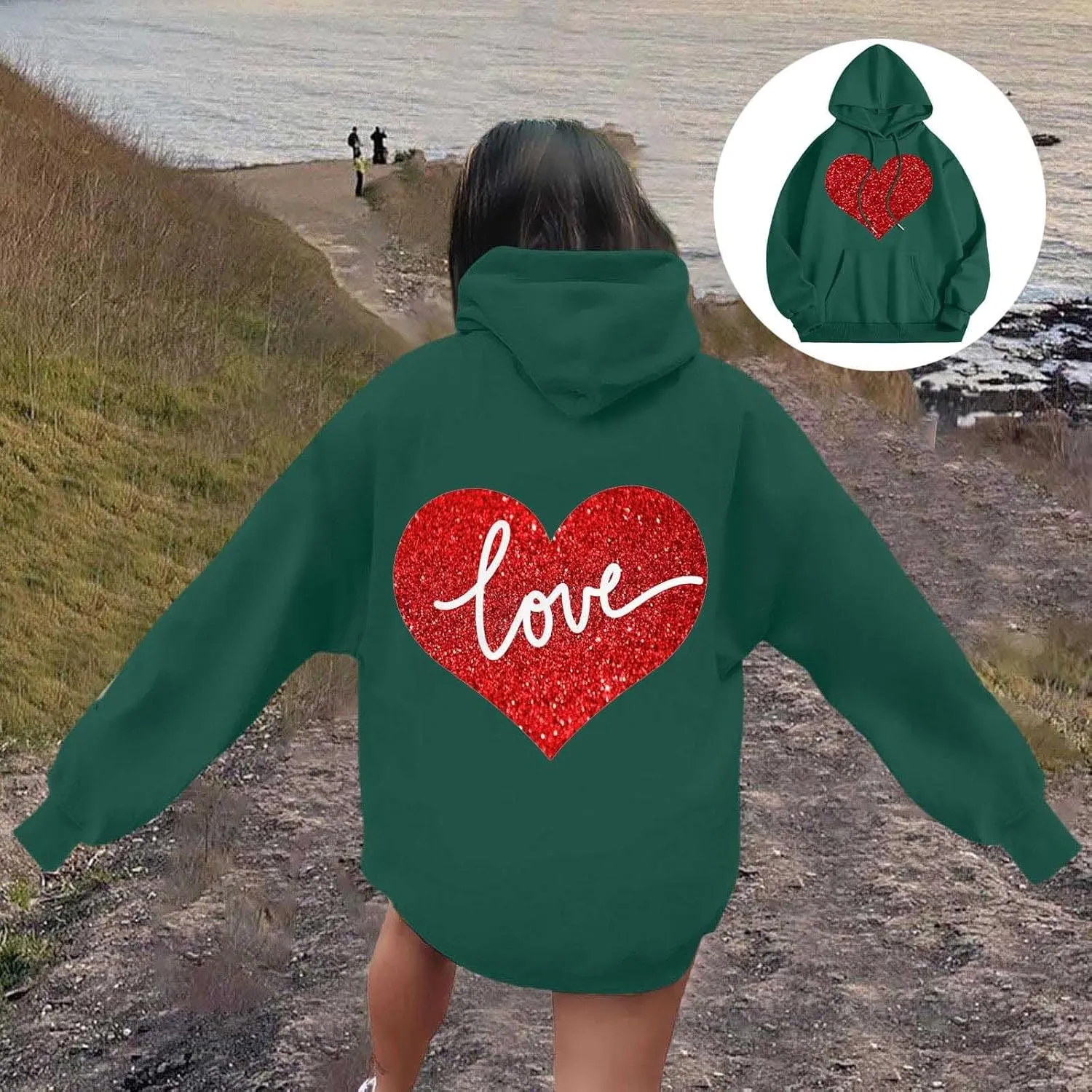 Hoodie Women Love Graphic Print Y2K Hoodies Oversized Casual Drawstring Long Sleeve Pullover Tops with Pockets