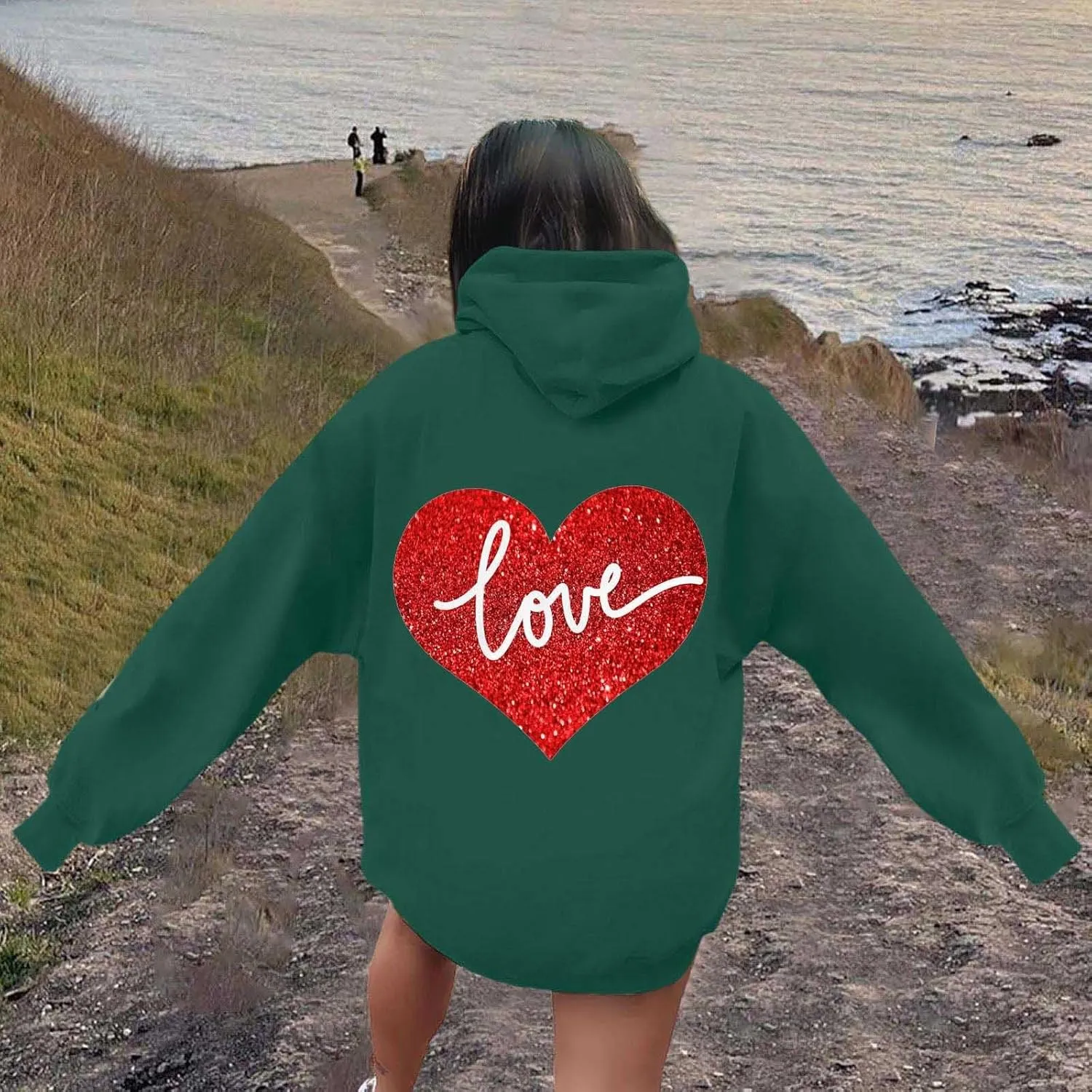 Hoodie Women Love Graphic Print Y2K Hoodies Oversized Casual Drawstring Long Sleeve Pullover Tops with Pockets