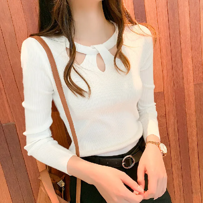Korean Personality Cross See Through  Halter Round-Neck Knitted Slimming Women Sweater
