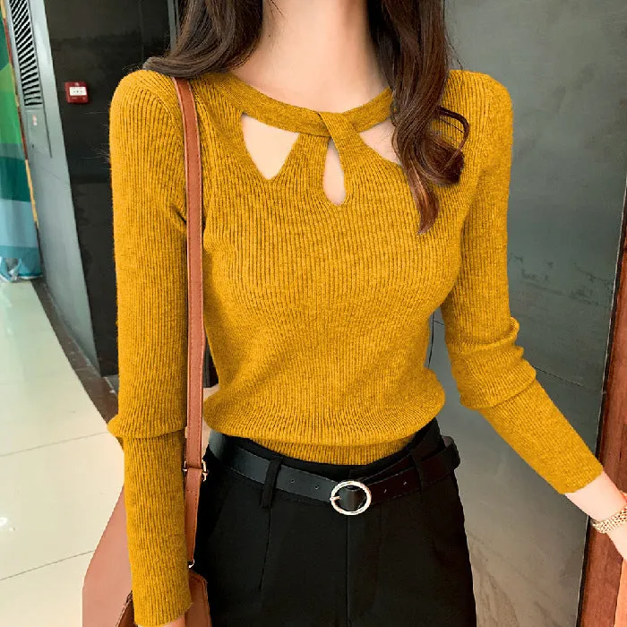 Korean Personality Cross See Through  Halter Round-Neck Knitted Slimming Women Sweater