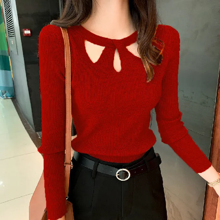 Korean Personality Cross See Through  Halter Round-Neck Knitted Slimming Women Sweater