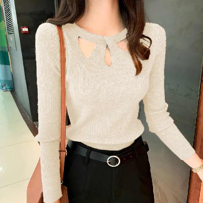 Korean Personality Cross See Through  Halter Round-Neck Knitted Slimming Women Sweater