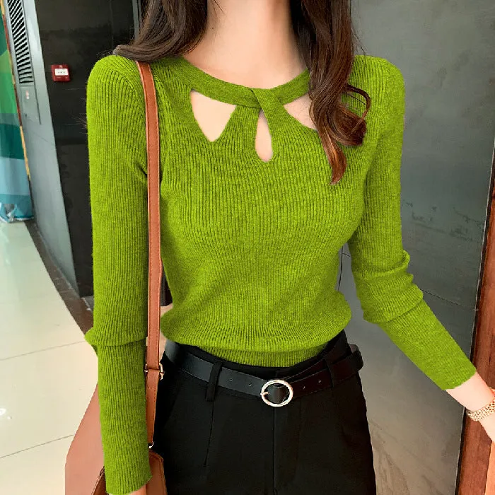 Korean Personality Cross See Through  Halter Round-Neck Knitted Slimming Women Sweater