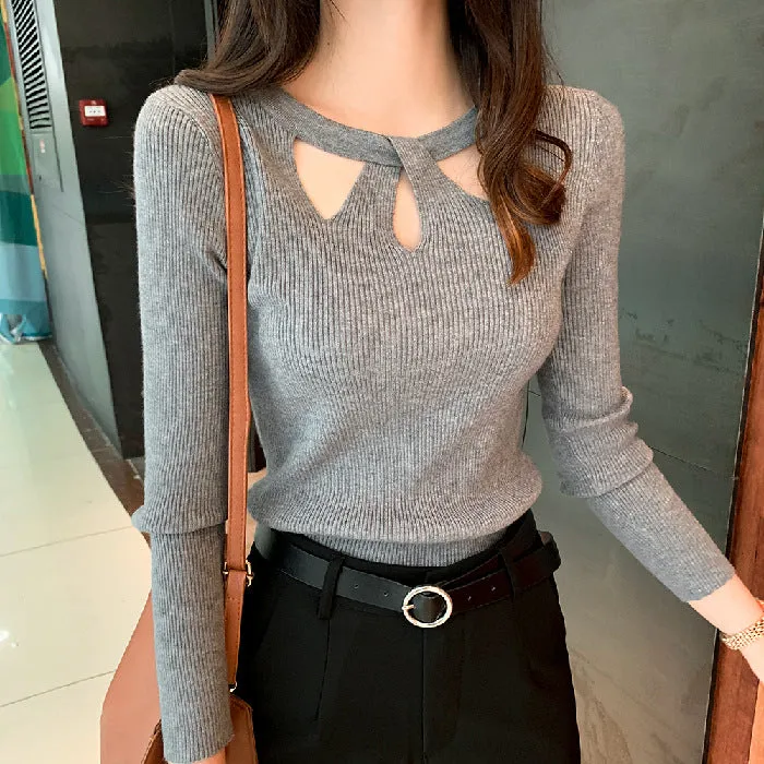 Korean Personality Cross See Through  Halter Round-Neck Knitted Slimming Women Sweater