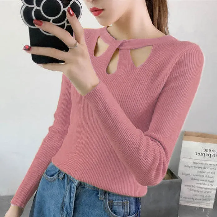 Korean Personality Cross See Through  Halter Round-Neck Knitted Slimming Women Sweater