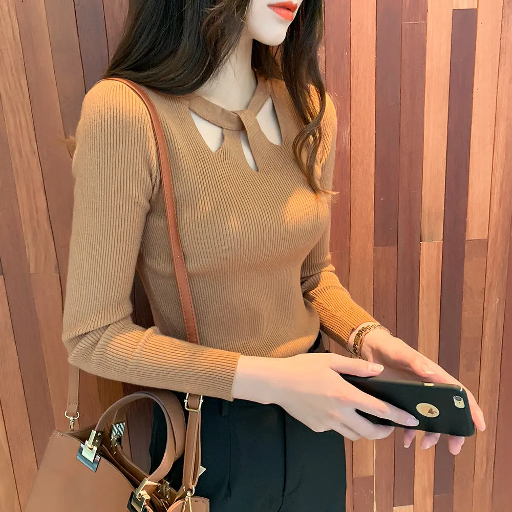 Korean Personality Cross See Through  Halter Round-Neck Knitted Slimming Women Sweater