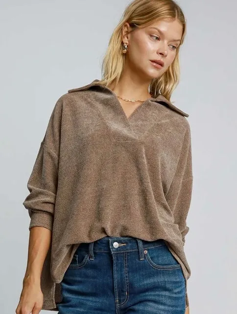 LEAH- Mocha chenille collared elegant sweater