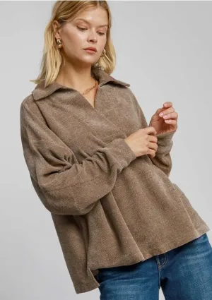 LEAH- Mocha chenille collared elegant sweater