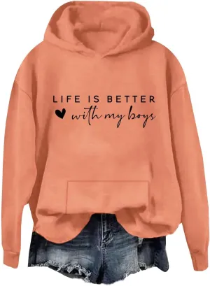 Life Is Better With My Boys Sweatshirt for Women, Mom Life Letter Print Long Sleeve Funny Pullover Hoodie Sweatshirt