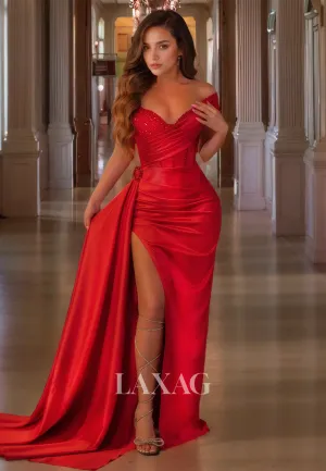 Long Red Formal Party Dress V-Neck Off Shoulder High Slit Prom Dress