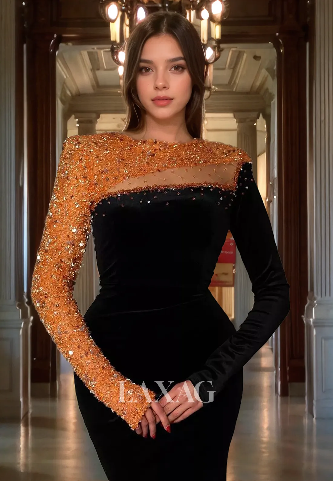 Long-Sleeves Beaded Satin Mermaid Prom Dress High Scoop-Neck Sweep Train Formal Evening Gowns