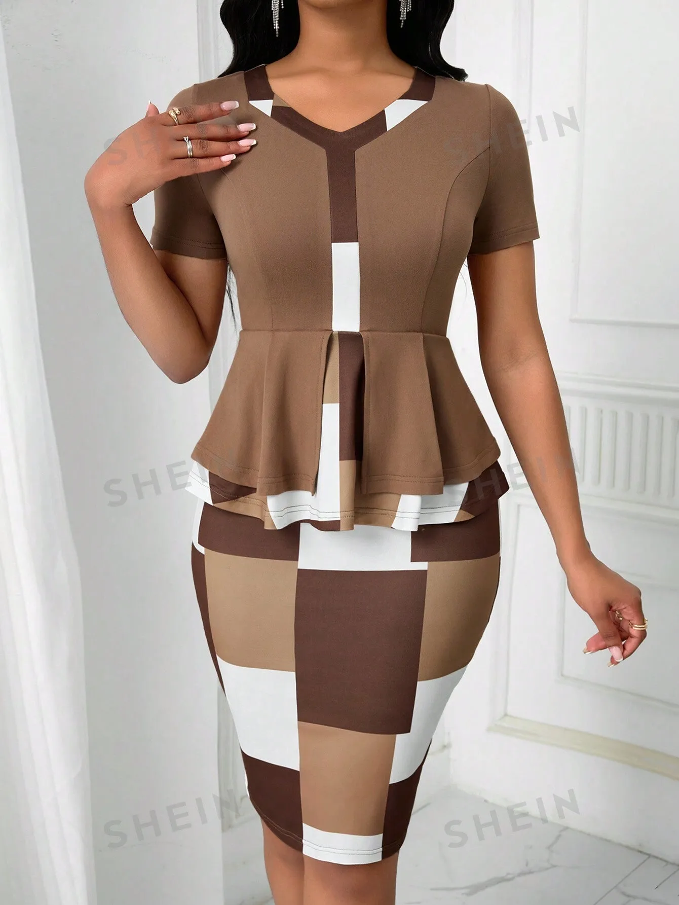 Lyxana 2pcs/Set Plaid Patchwork Ruffle Hem Casual Top And Skirt Set