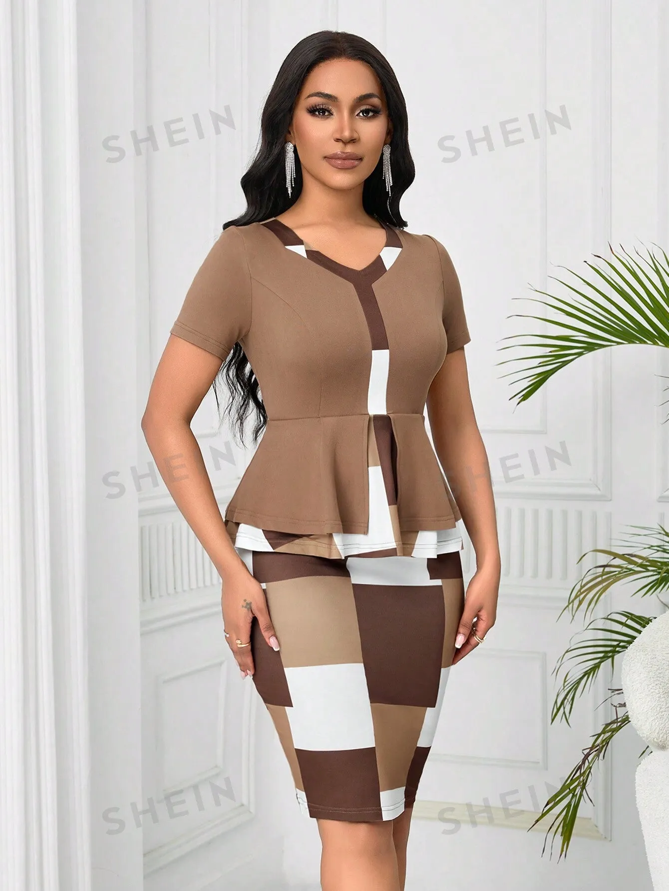 Lyxana 2pcs/Set Plaid Patchwork Ruffle Hem Casual Top And Skirt Set