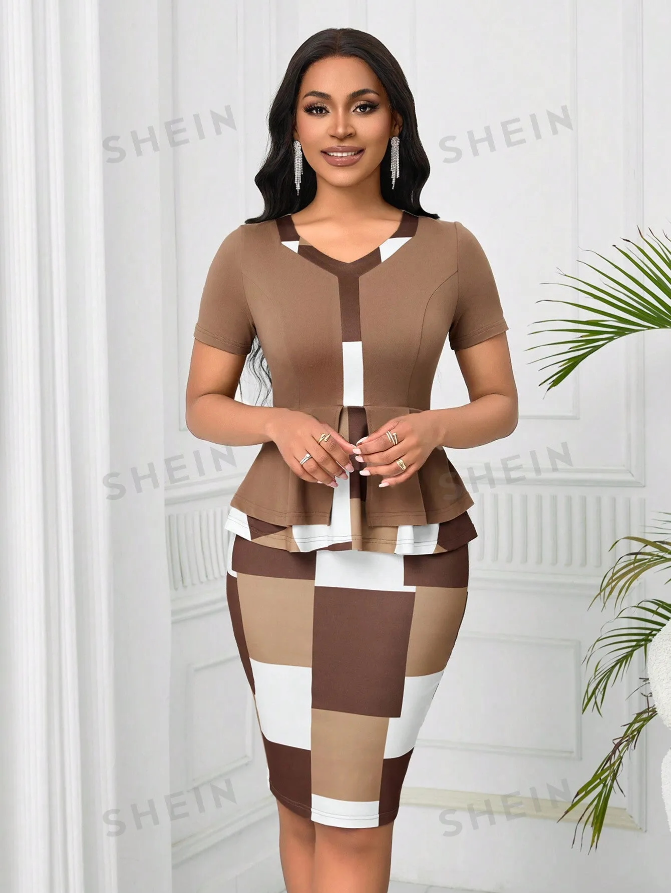 Lyxana 2pcs/Set Plaid Patchwork Ruffle Hem Casual Top And Skirt Set