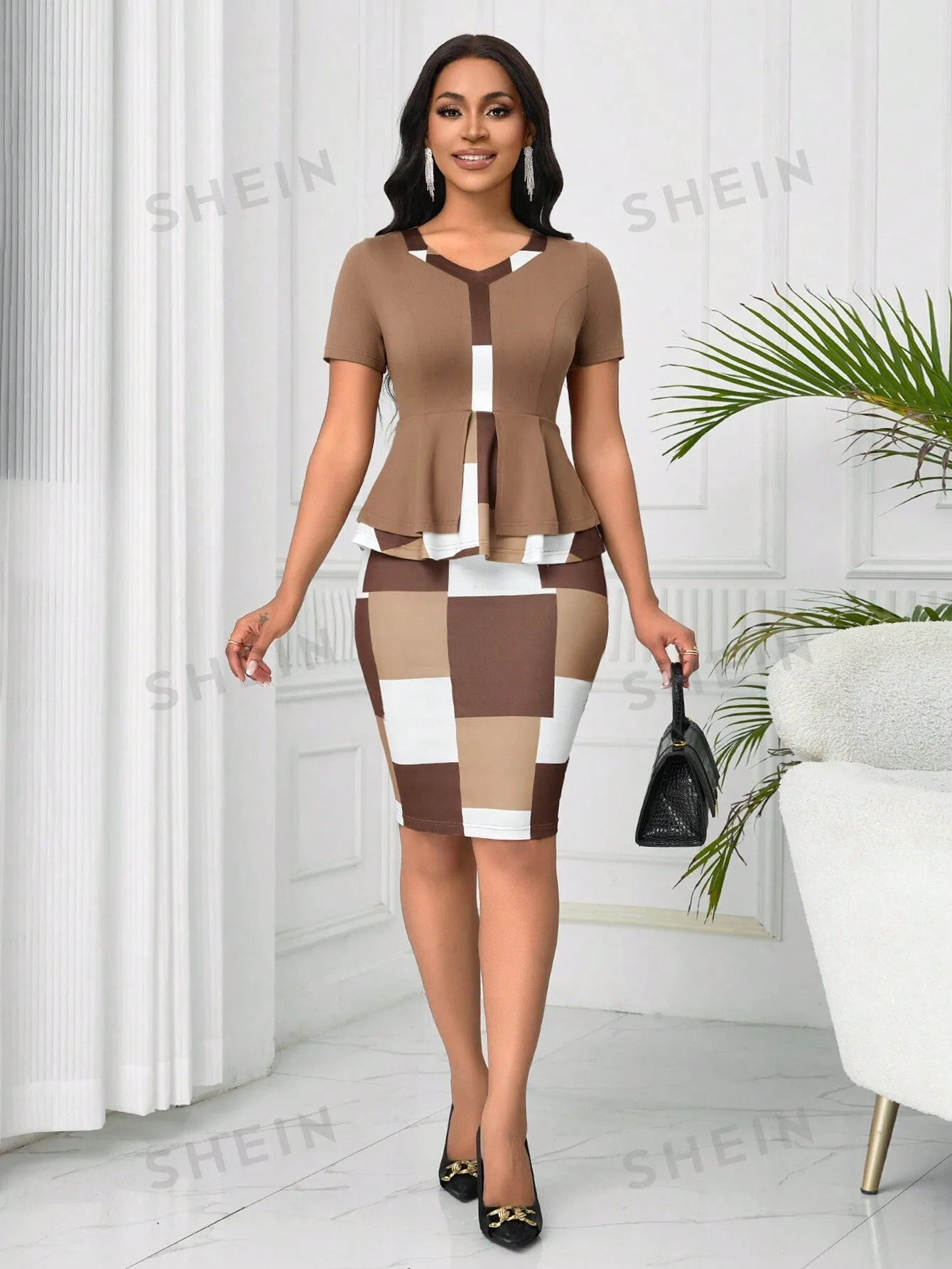 Lyxana 2pcs/Set Plaid Patchwork Ruffle Hem Casual Top And Skirt Set