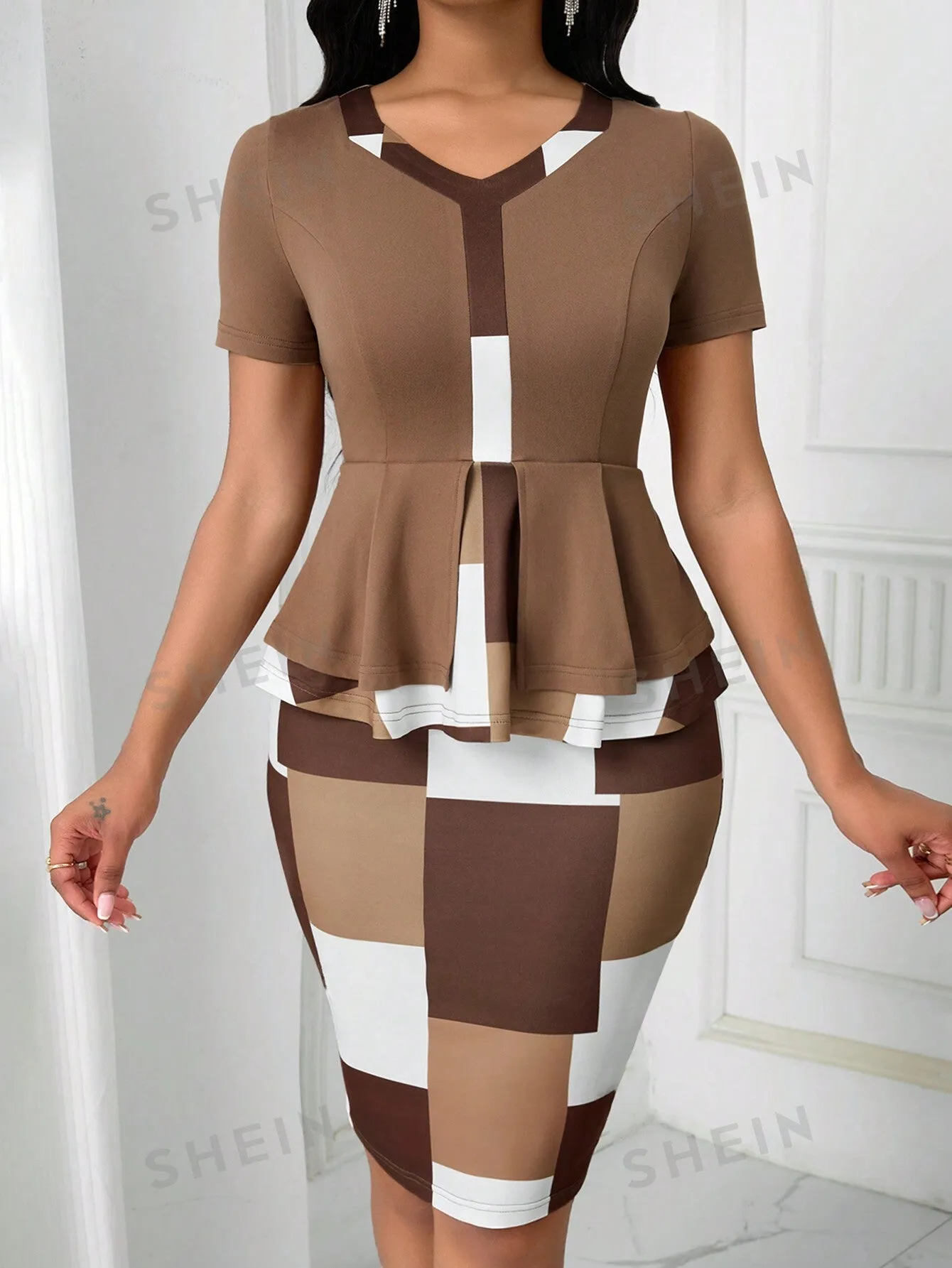 Lyxana 2pcs/Set Plaid Patchwork Ruffle Hem Casual Top And Skirt Set