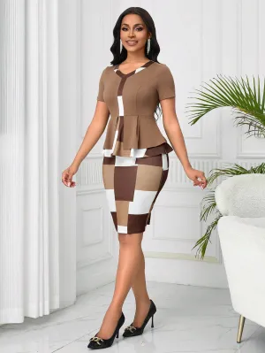 Lyxana 2pcs/Set Plaid Patchwork Ruffle Hem Casual Top And Skirt Set