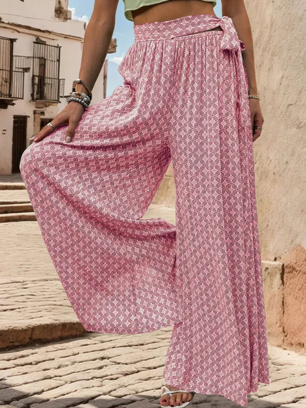 New women's lace-up high-waisted casual printed wide-leg trousers