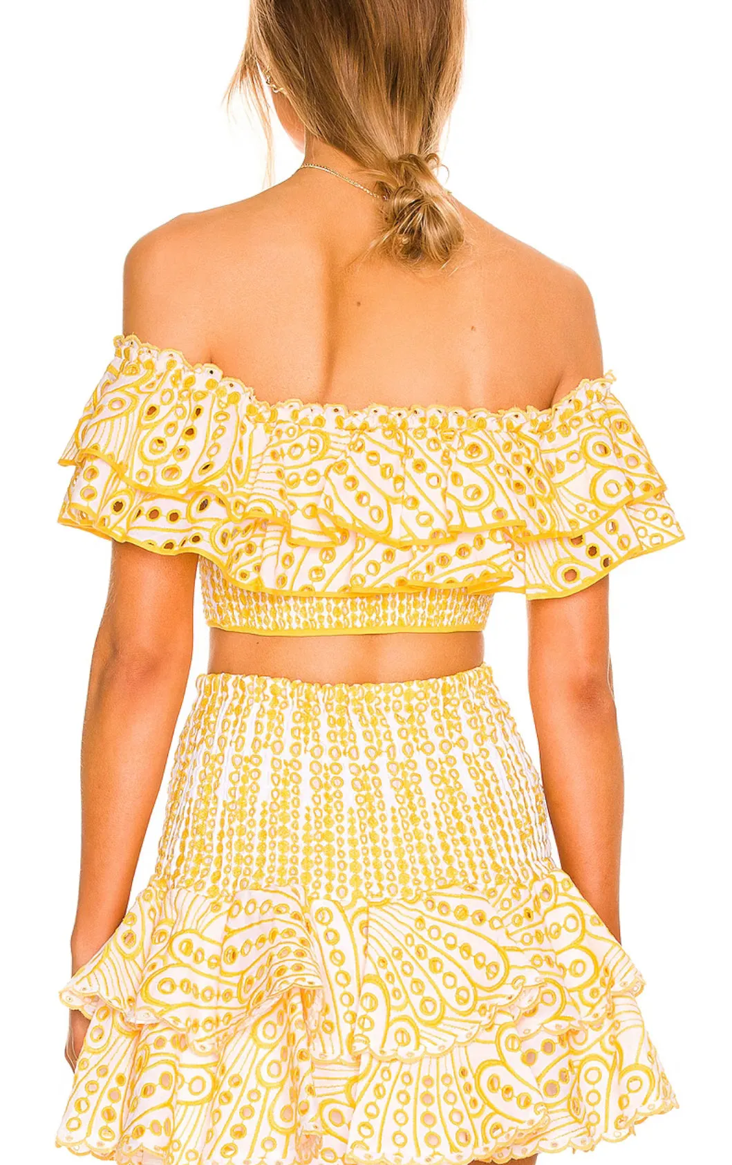 Off Shoulder Yellow Eyelet Crop Top