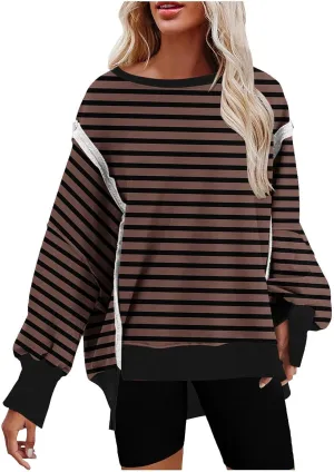 Oversize Splicing Striped Sweatshirts for Womens Pullover Tops Trendy Round Neck Long Sleeve Casual Soft Sweatshirt