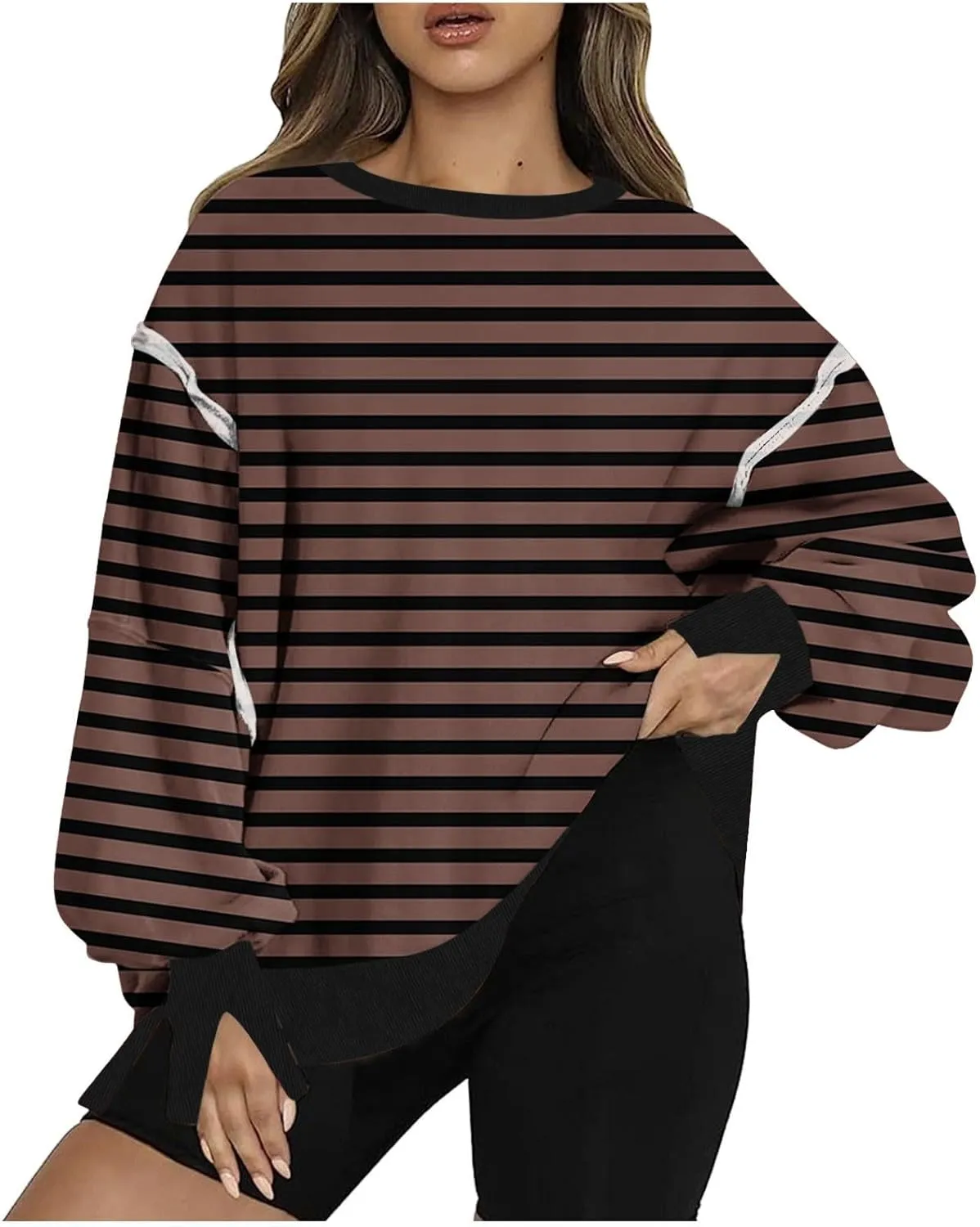 Oversize Splicing Striped Sweatshirts for Womens Pullover Tops Trendy Round Neck Long Sleeve Casual Soft Sweatshirt