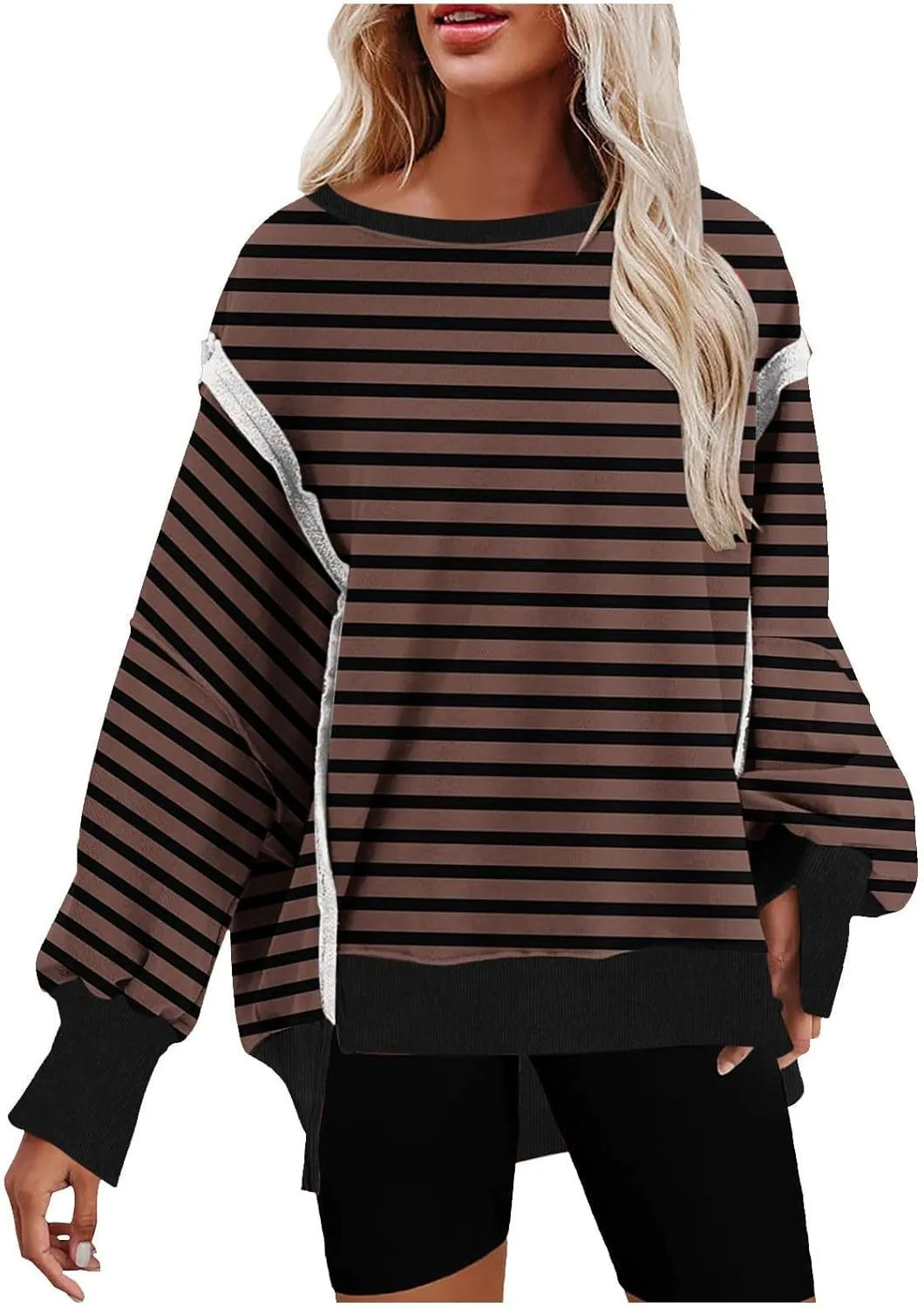 Oversize Splicing Striped Sweatshirts for Womens Pullover Tops Trendy Round Neck Long Sleeve Casual Soft Sweatshirt
