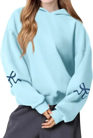 Oversized Hoodies for Women Cute Graphic Fleece Sweatshirts Comfy Y2k Bow Hoodie Drop Shoulder Pullover with Pockets
