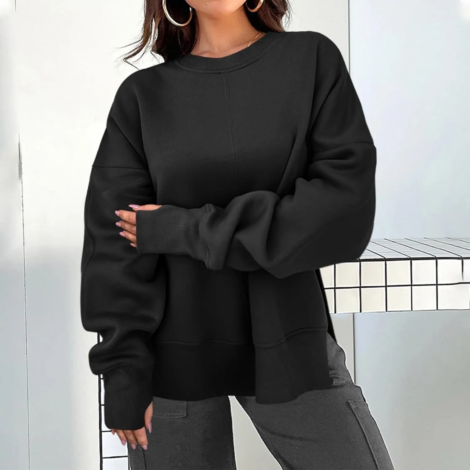 Oversized Sweatshirts for Women 2024 Fall Crew Neck Long Sleeve Tunic Tops Hoodless Cute Side Slit Pull Over Outfits