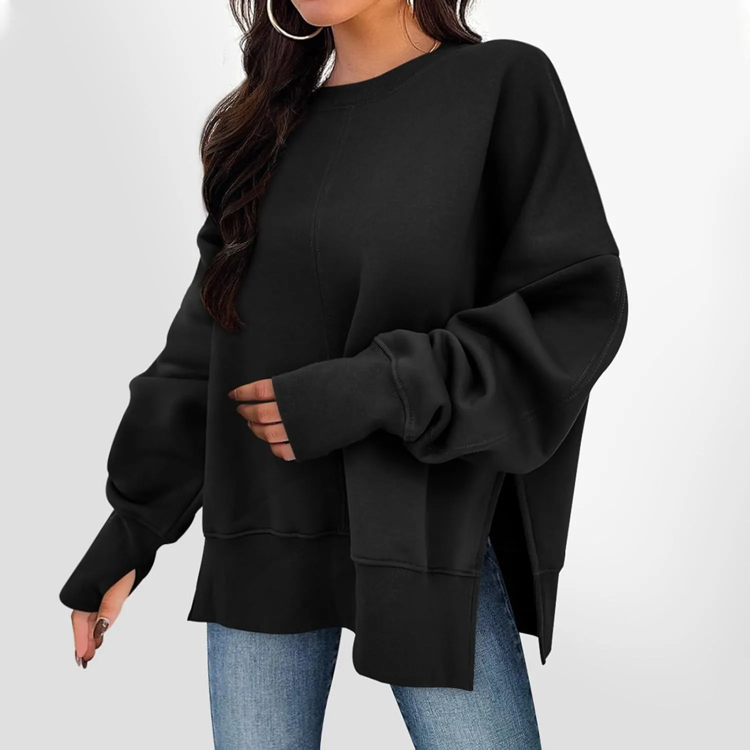 Oversized Sweatshirts for Women 2024 Fall Crew Neck Long Sleeve Tunic Tops Hoodless Cute Side Slit Pull Over Outfits