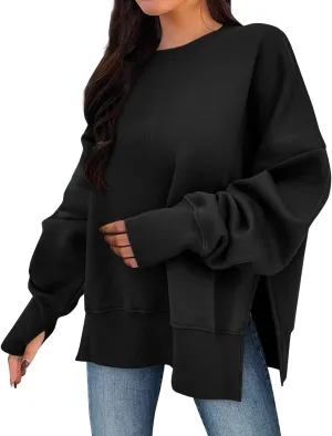 Oversized Sweatshirts for Women 2024 Fall Crew Neck Long Sleeve Tunic Tops Hoodless Cute Side Slit Pull Over Outfits