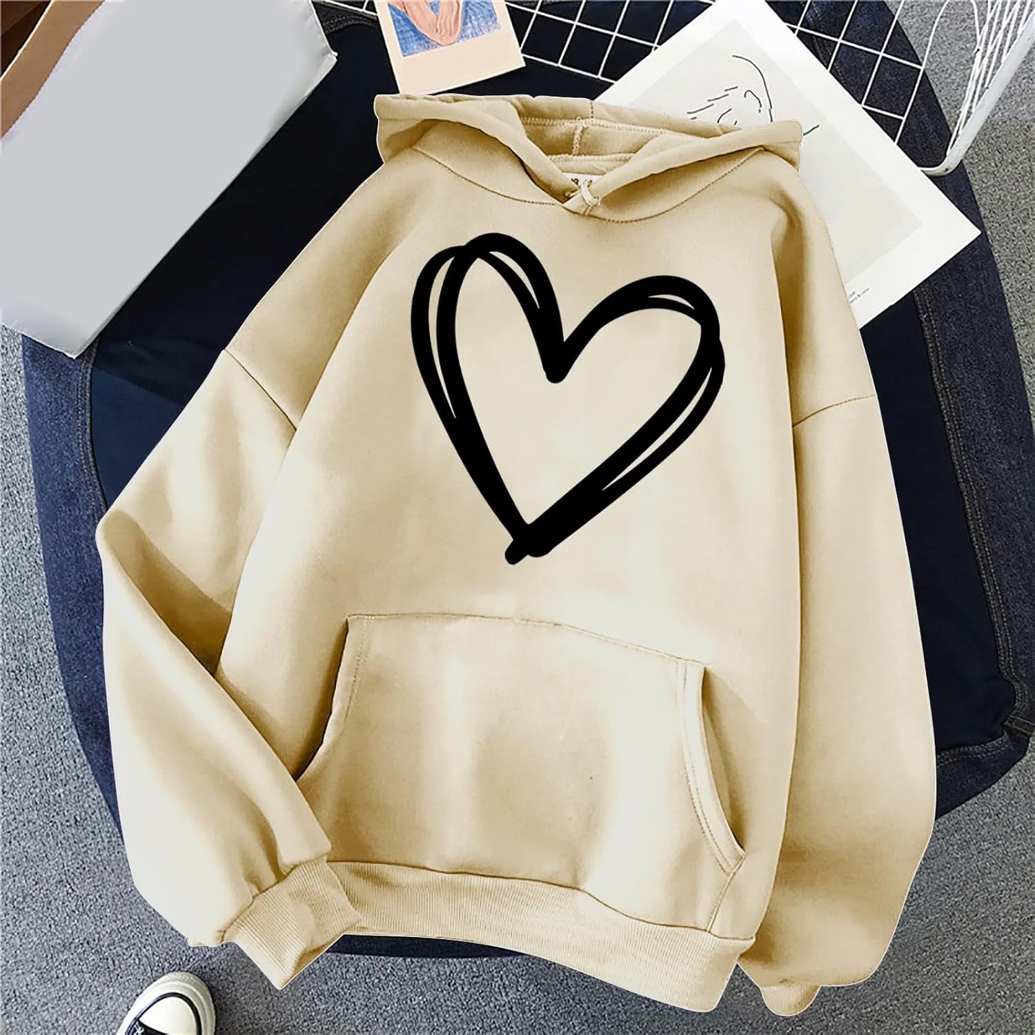 Oversized Women's Hoodies Print Love Heart 2024 Fashion Drawstring Long Sleeve Solid Pullover Sweatshirt with Pockets