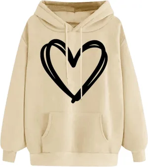 Oversized Women's Hoodies Print Love Heart 2024 Fashion Drawstring Long Sleeve Solid Pullover Sweatshirt with Pockets