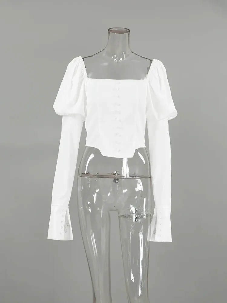 #PB Elegant White Lantern Sleeve Blouse