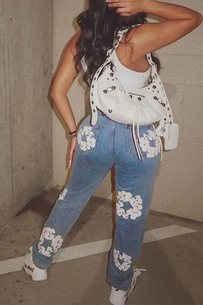 PJ0408 Flower Prints Denim Jeans