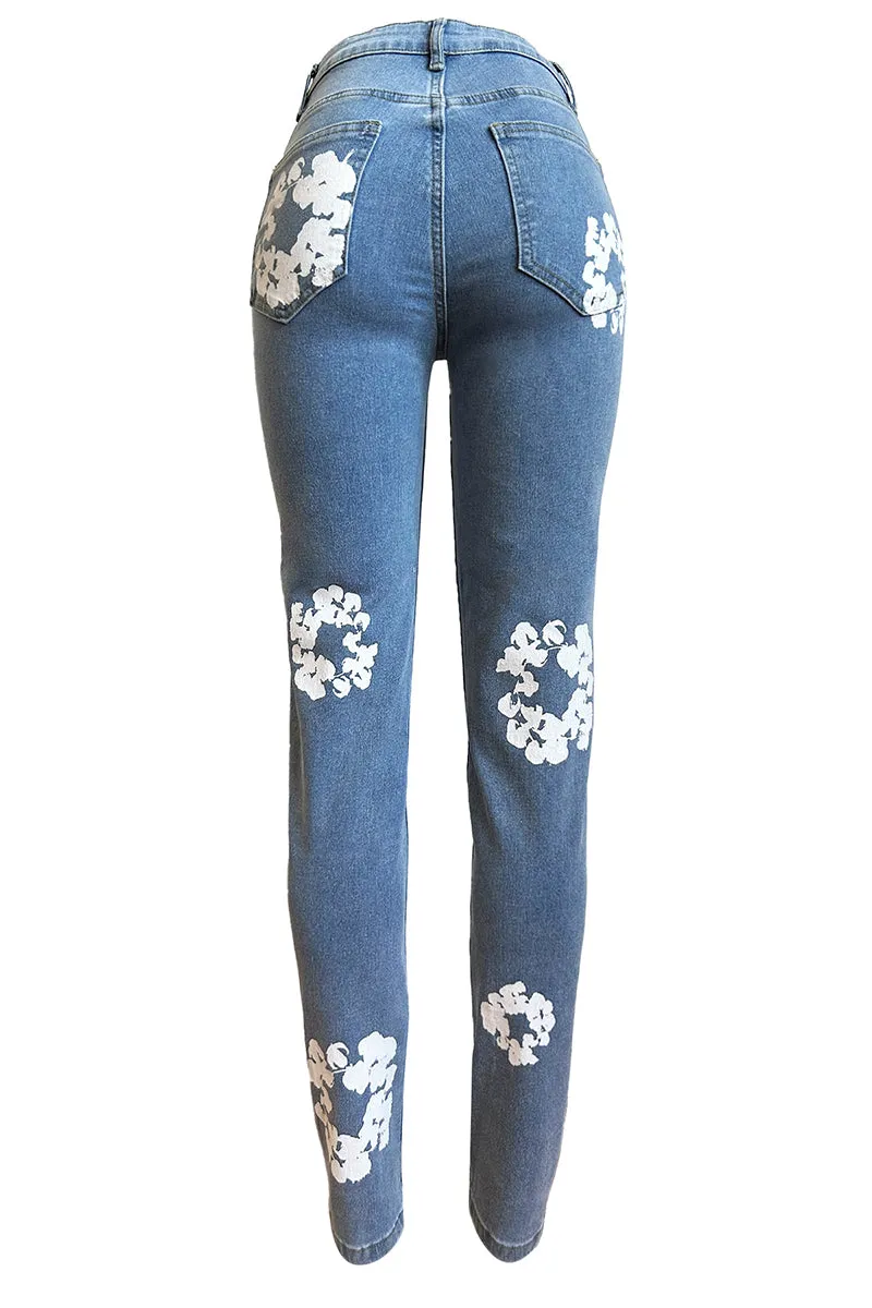 PJ0408 Flower Prints Denim Jeans