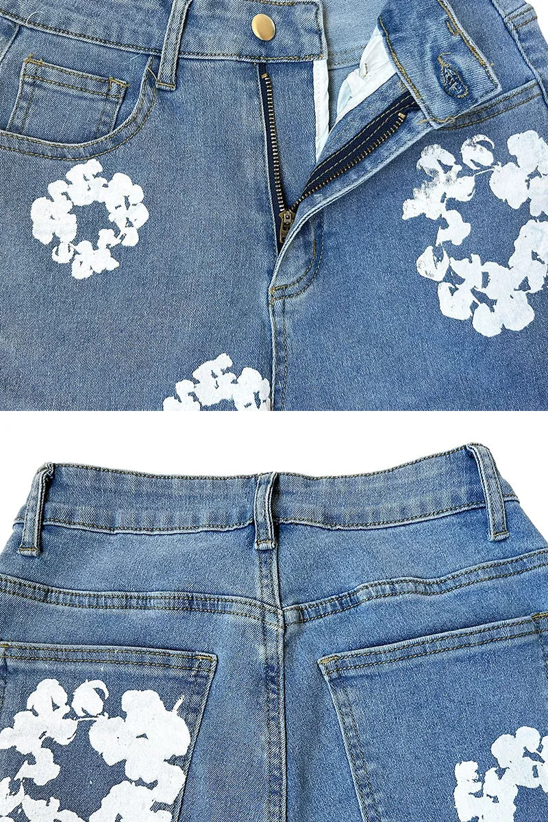 PJ0408 Flower Prints Denim Jeans