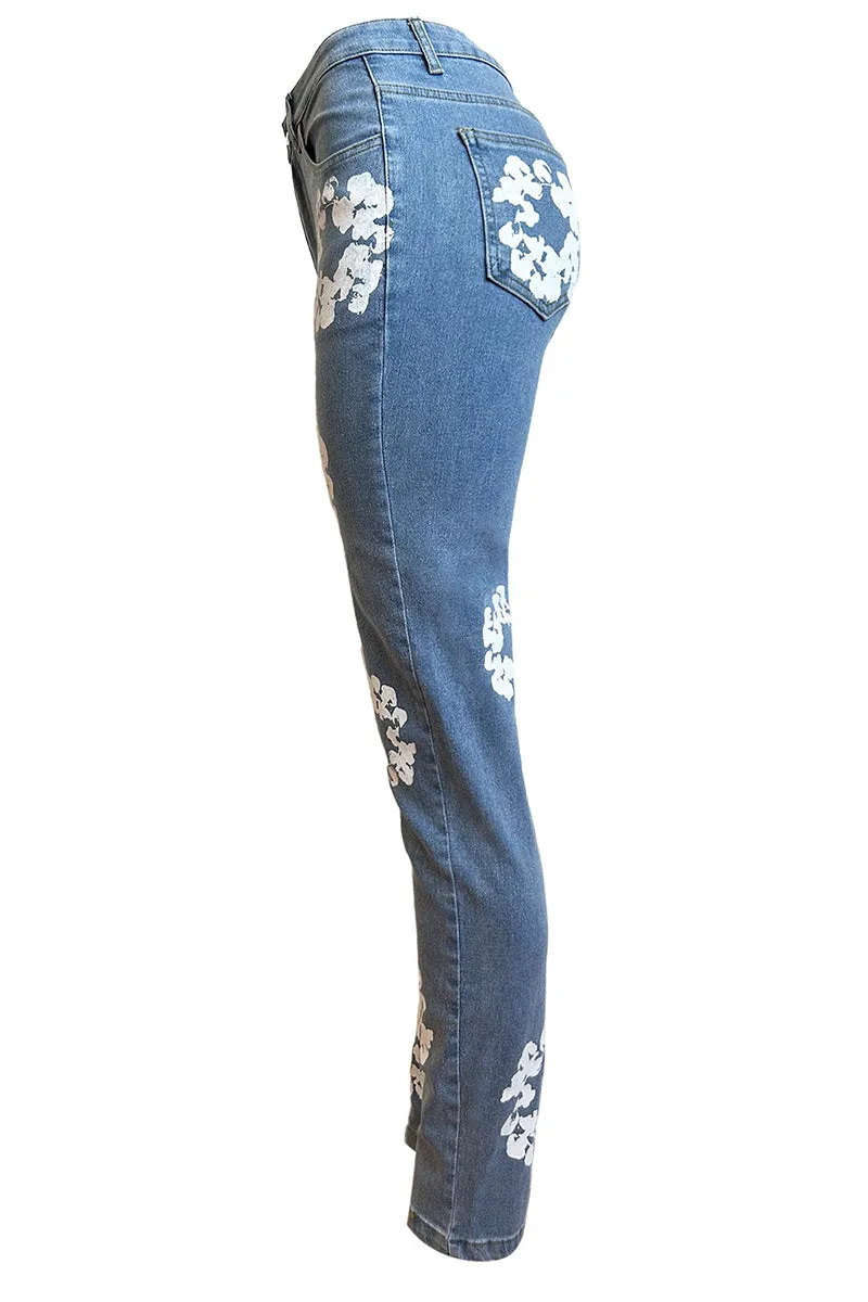 PJ0408 Flower Prints Denim Jeans