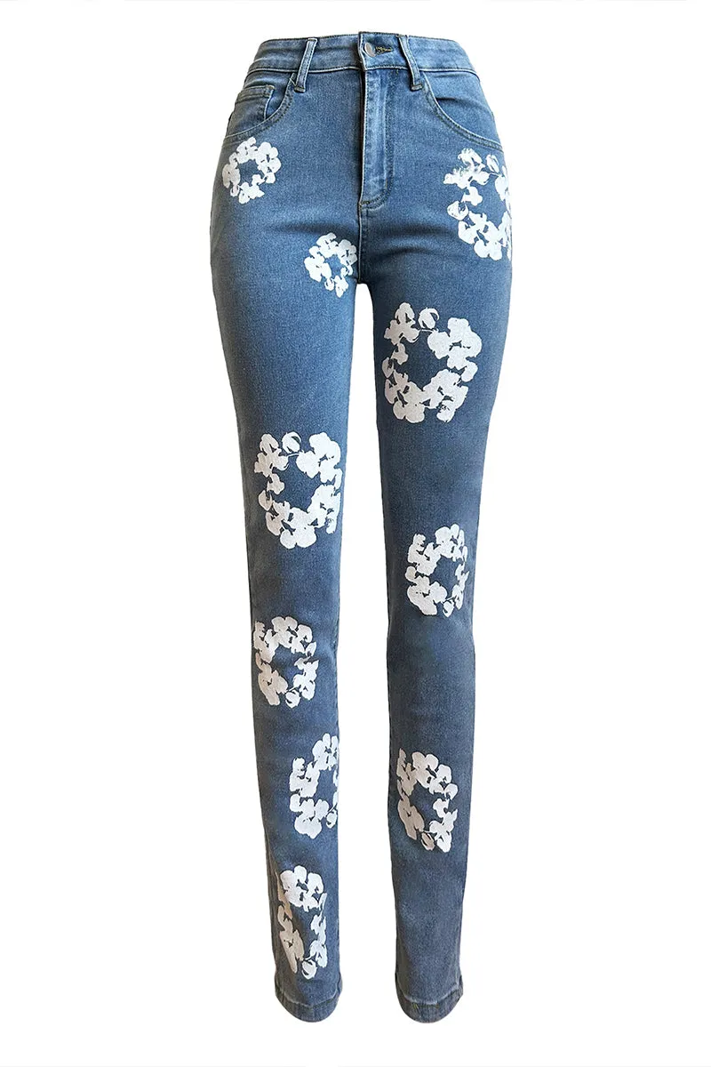 PJ0408 Flower Prints Denim Jeans