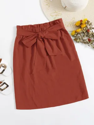 Plain Paper Bag Waist Knee Length Plus Size Skirt