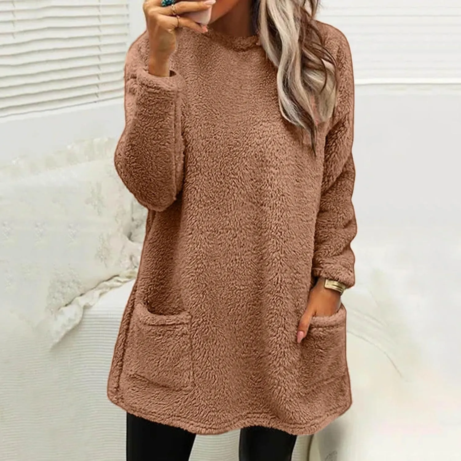 Pullover Hoodie Winter Fleece Thermal Long Hoodie with Pockets Crew Neck Long Sleeve Solid Soft Oversized Sweatshirt