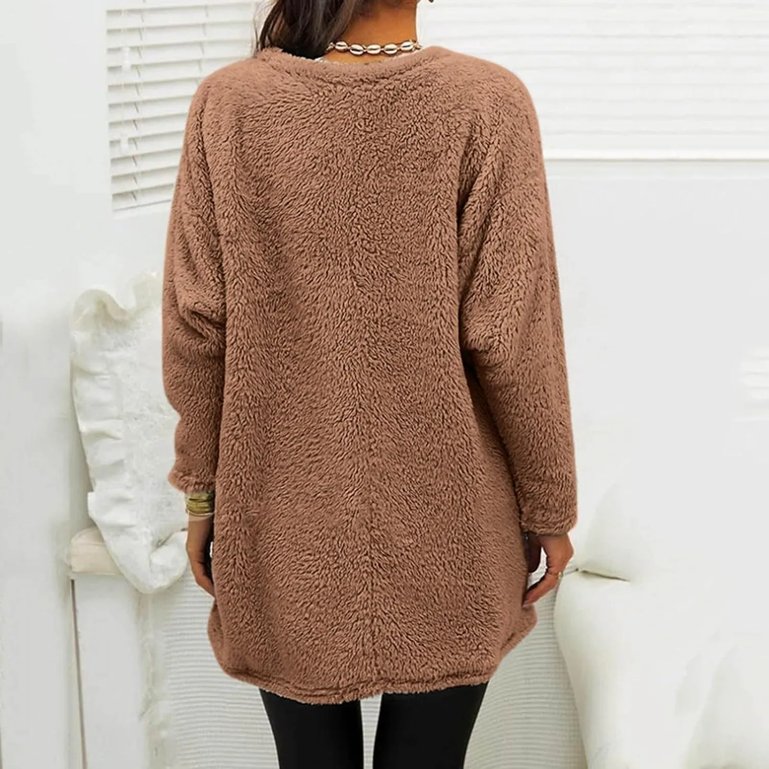 Pullover Hoodie Winter Fleece Thermal Long Hoodie with Pockets Crew Neck Long Sleeve Solid Soft Oversized Sweatshirt