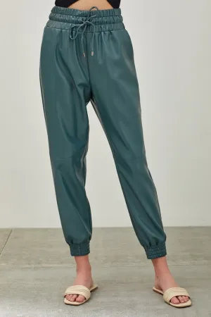 Sammy teal smocked waist pu pleather jogger pants