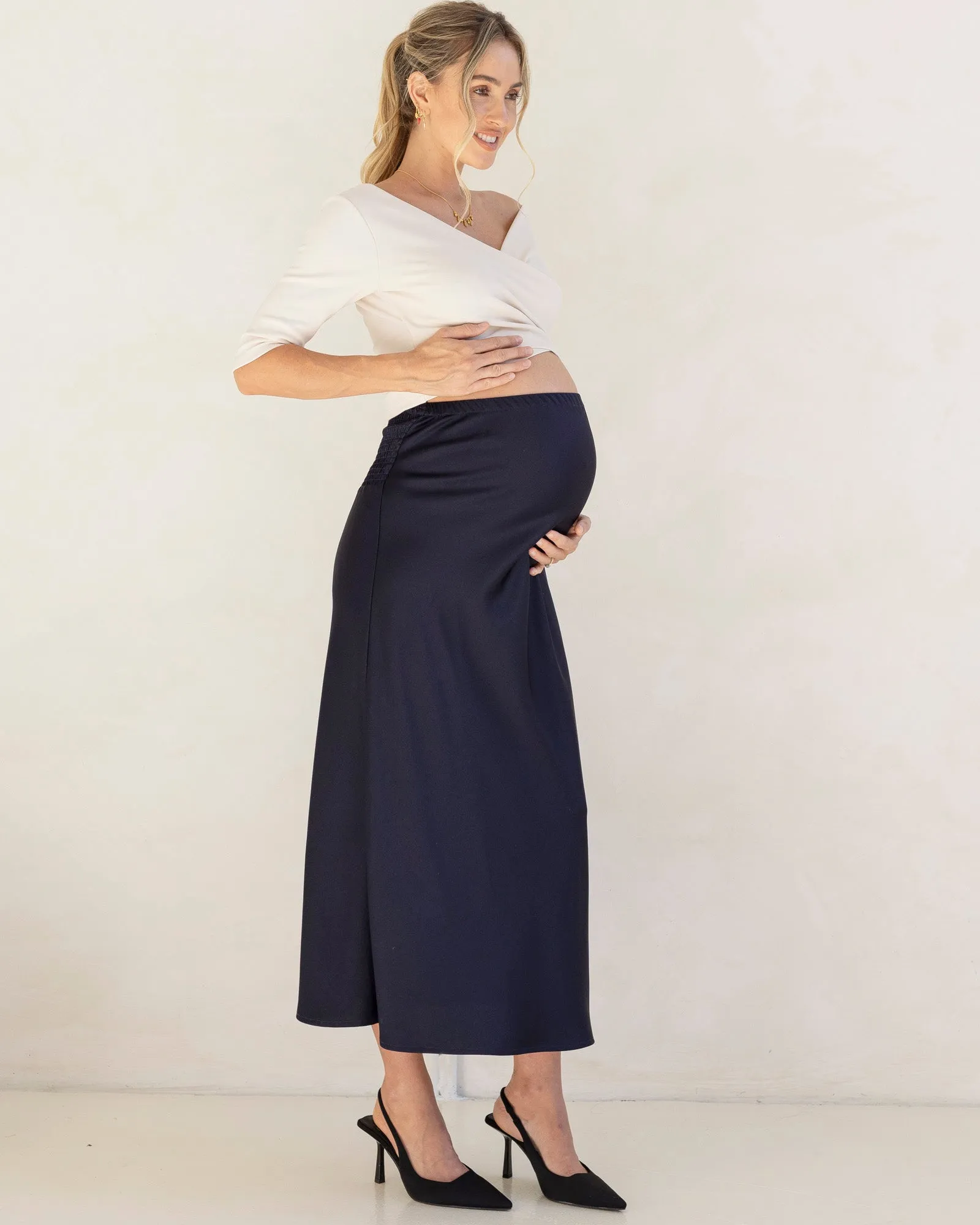 Sheena Maternity Satin-Finish Midi Work Skirt in Navy