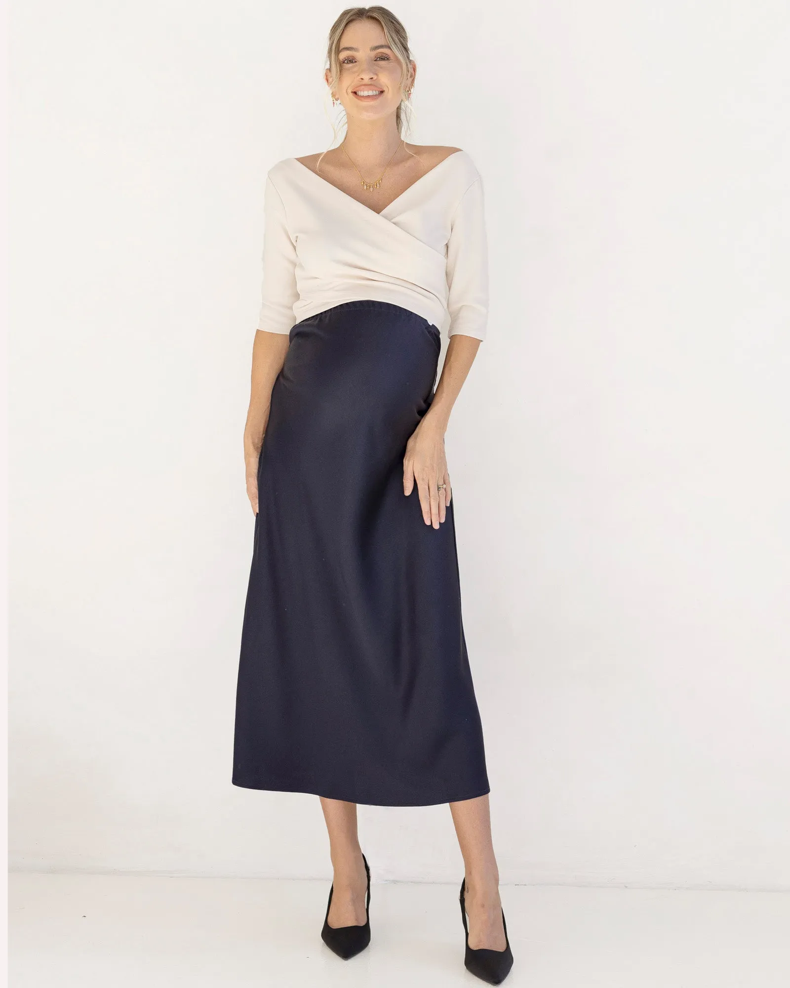 Sheena Maternity Satin-Finish Midi Work Skirt in Navy