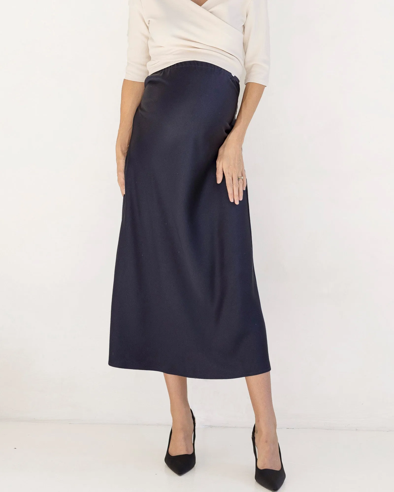 Sheena Maternity Satin-Finish Midi Work Skirt in Navy